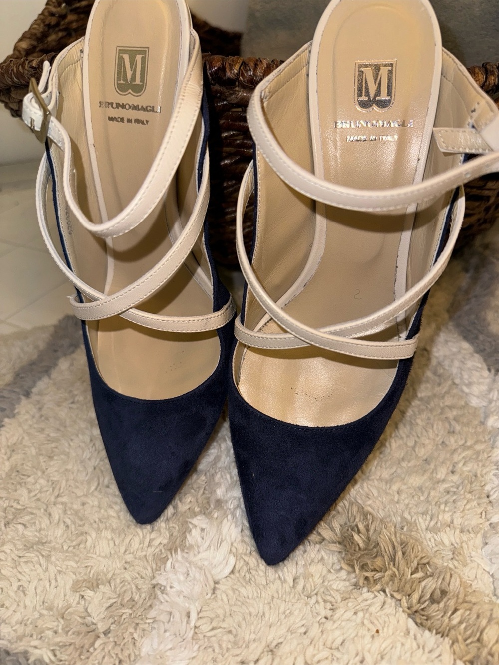 Bruno Magli Navy Suede Pointed-Toe Heels with Cream Cross Straps